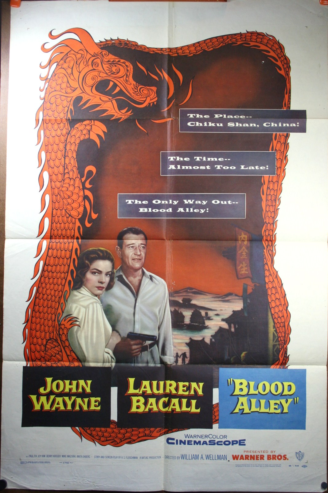 BLOOD ALLEY, Original Movie Poster; Lauren Bacall & John Wayne