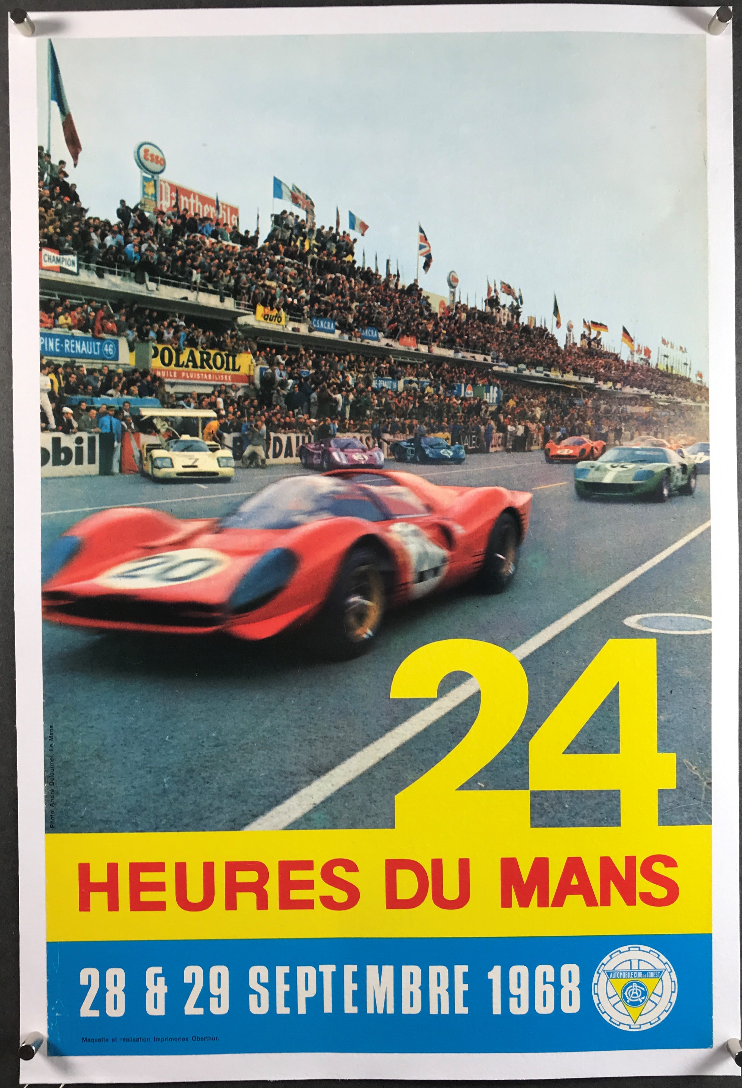 1968 24 HEURES DU MANS, Original Vintage Car Racing Poster Ford